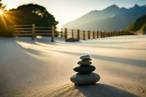a stack of stones in the sand with mountains in the background. AI-Generated photo