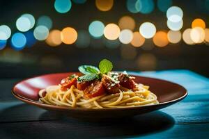 spaghetti with tomato sauce and basil on a wooden table. AI-Generated photo