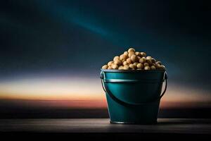 a bucket filled with peanuts on a table. AI-Generated photo