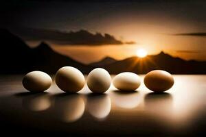 eggs in a row on a table with the sun setting behind them. AI-Generated photo