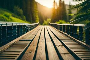 a wooden bridge in the middle of a forest. AI-Generated photo