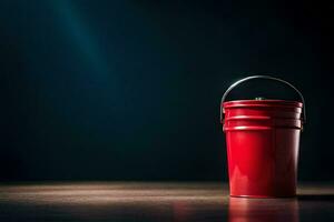 a red bucket on a dark floor. AI-Generated photo