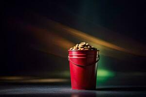 a red bucket filled with nuts on a dark background. AI-Generated photo