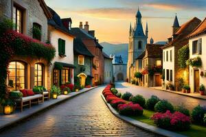 a street in a european town at sunset. AI-Generated photo