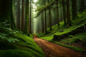 a path through a green forest with mossy trees. AI-Generated photo