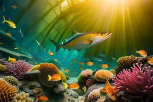 fish swimming in the ocean with coral reefs and fish. AI-Generated photo