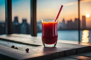 a glass of juice with a straw on a table in front of a city skyline. AI-Generated photo
