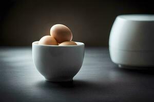 three eggs in a cup on a table. AI-Generated photo