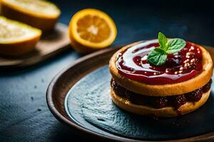 a small cake with raspberry jam and lemon slices. AI-Generated photo