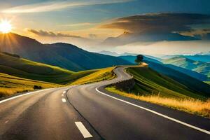 el la carretera a el puesta de sol. generado por ai foto