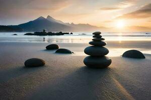 a stack of rocks on the beach at sunset. AI-Generated photo