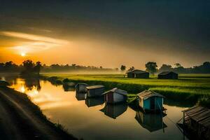 a river with houses and boats in the foreground. AI-Generated photo