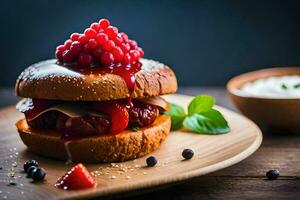 a hamburger with berries and cream on a wooden plate. AI-Generated photo