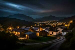 un pequeño pueblo en el montañas a noche. generado por ai foto