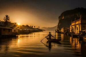 un hombre en un barco en el río a puesta de sol. generado por ai foto