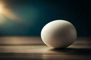 an egg on a wooden table with a bright light behind it. AI-Generated photo