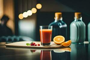 a glass of juice with a slice of orange and berries. AI-Generated photo