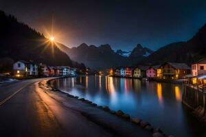 photo wallpaper the night, mountains, water, the moon, the river, the town, the. AI-Generated