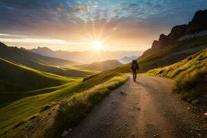 a man walks on a road in the mountains. AI-Generated photo