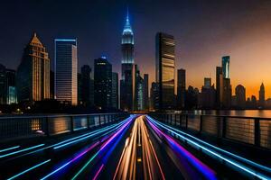 un ciudad horizonte a noche con ligero caminos. generado por ai foto