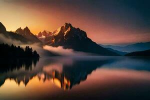 a mountain range is reflected in the water at sunset. AI-Generated photo