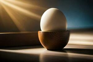 an egg in a wooden cup on a table. AI-Generated photo