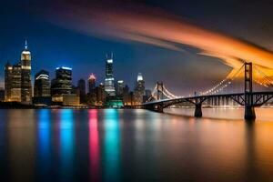 el ciudad horizonte a noche con un puente y agua. generado por ai foto
