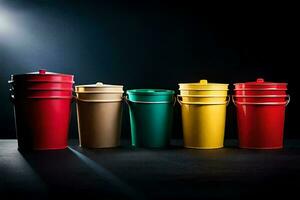 a row of colorful buckets on a dark background. AI-Generated photo