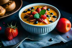 a bowl of fruit and berries with a fork. AI-Generated photo