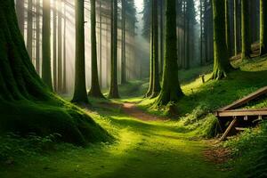 un camino mediante un bosque con verde arboles generado por ai foto