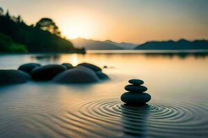 a stack of rocks in the water at sunset. AI-Generated photo