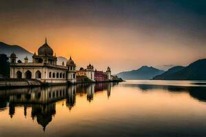 el puesta de sol terminado el lago en India. generado por ai foto