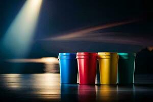 four colorful cups on a table in front of a spotlight. AI-Generated photo