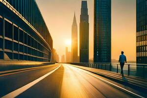 a man walking on a highway in front of tall buildings. AI-Generated photo