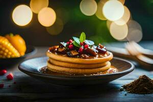 pancakes with fruit and spices on a plate. AI-Generated photo