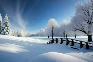 un Nevado paisaje con un puente y arboles generado por ai foto