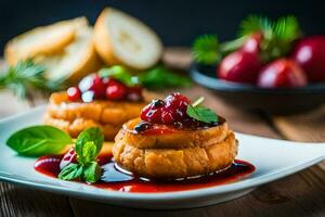 a plate with two baked potatoes with cranberry sauce. AI-Generated photo