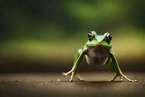 a frog is standing on the ground with its legs spread. AI-Generated photo