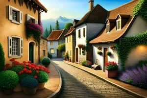 photo wallpaper the sky, flowers, houses, the village, the mountains, the village, the. AI-Generated