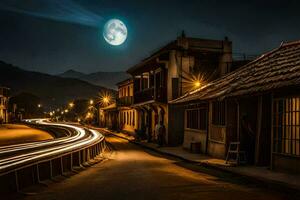 a street at night with a full moon. AI-Generated photo