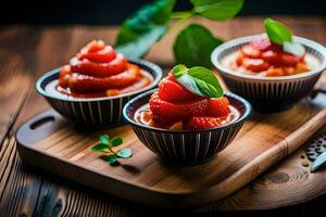 three small bowls with strawberries on a wooden cutting board. AI-Generated photo