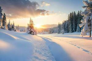 a snowy landscape with trees and the sun setting. AI-Generated photo