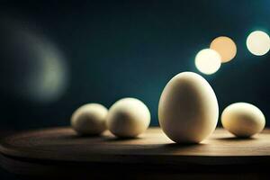 white eggs on a wooden table with bokeh lights. AI-Generated photo