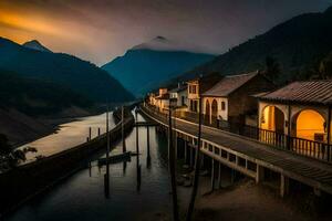 a bridge over a river at sunset with mountains in the background. AI-Generated photo