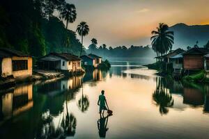 un hombre es caminando a través de un río con casas en el antecedentes. generado por ai foto