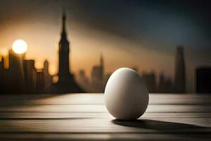 an egg sitting on a table in front of a city skyline. AI-Generated photo