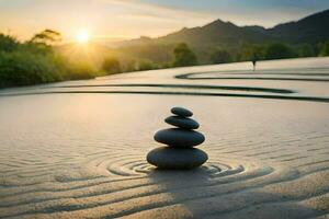 a stack of rocks in the sand at sunset. AI-Generated photo
