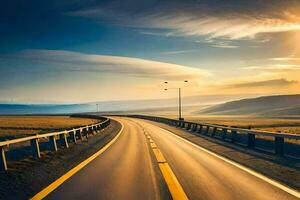 un largo autopista con un puesta de sol en el antecedentes. generado por ai foto