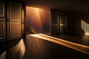 un vacío habitación con luz de sol brillante mediante el puerta. generado por ai foto