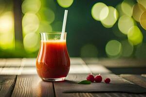 un vaso de jugo con bayas en un mesa. generado por ai foto